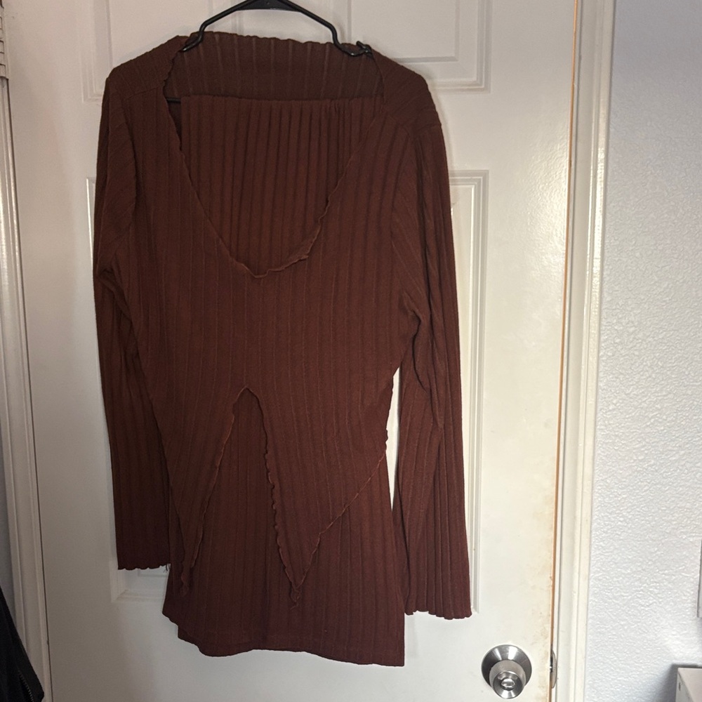 Brown Ribbed Long Sleeve Top